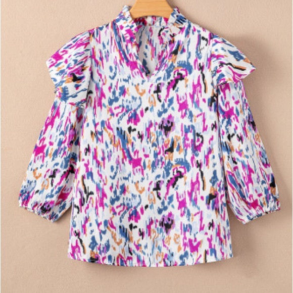 Multicolored Abstract Print 3/4 Puff Sleeve Ruffle Blouse NWT - Picture 6 of 12